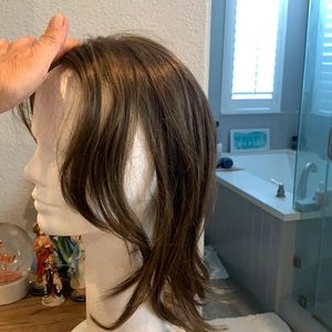 Medium brown long hair top, width of base 5” Height of base 6.5” hair length 18”